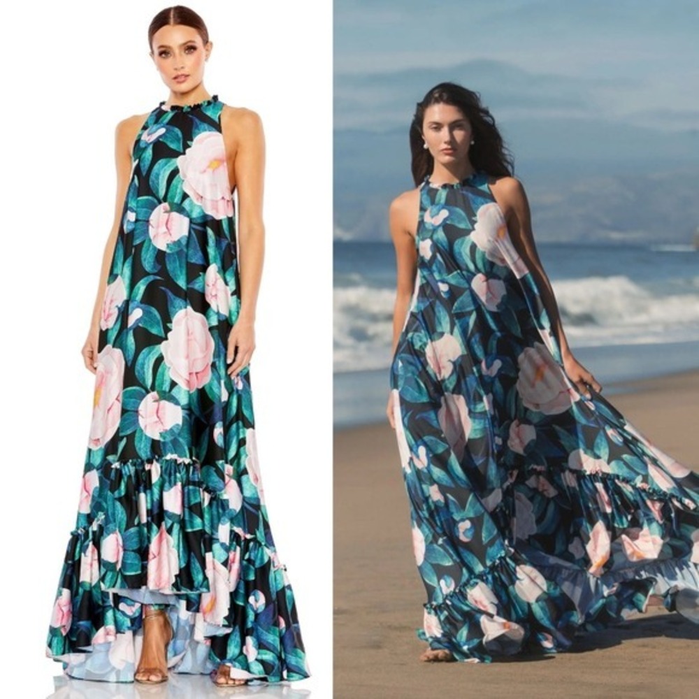 Mac Duggal NEW High Neck Satin Babydoll Floral Sleeveless Dress $598 - Size 8